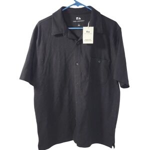 Free Assembly Mens Waffle Knit Button Up Shirt Short Sleeve Black Large